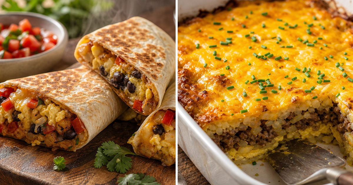 Side-by-side image of breakfast burrito wraps and a cheesy breakfast casserole served.