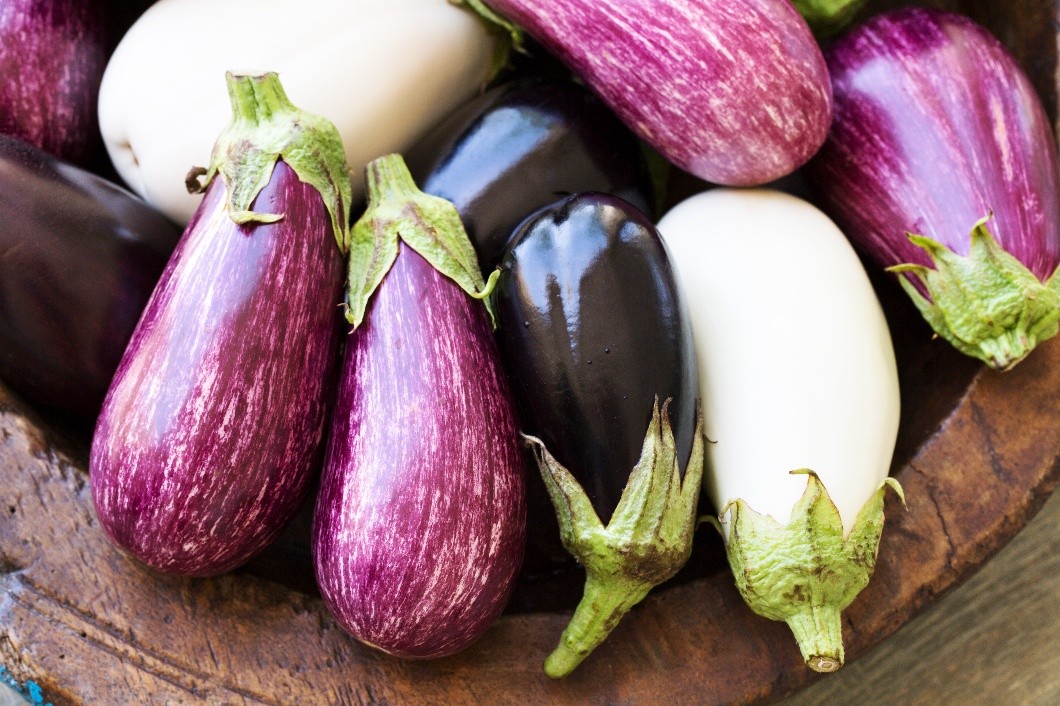 A close-up of eggplants. 
